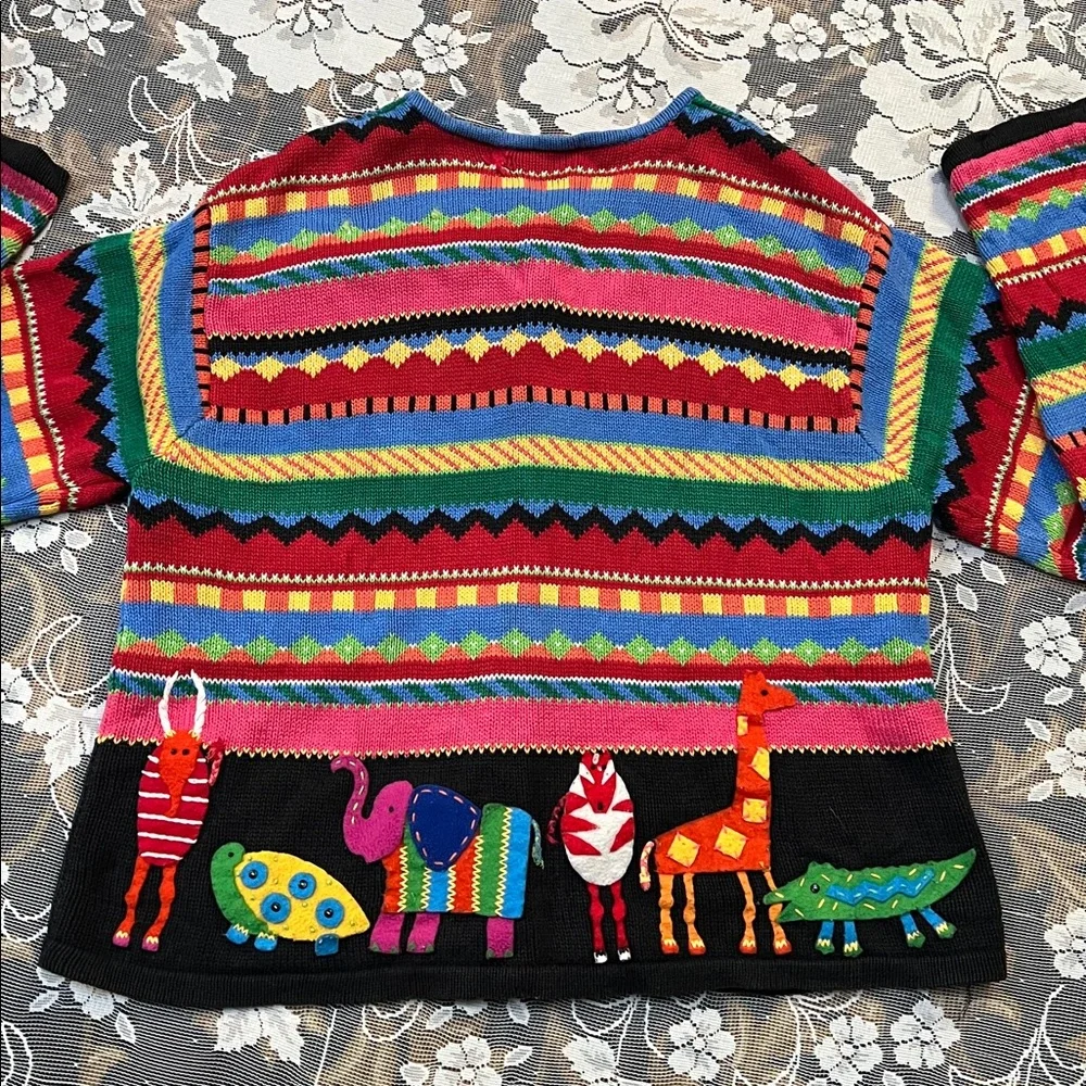 Vintage Susan Bristol multicolor stripe knit cardigan embroidered safari animals - Picture 8 of 8